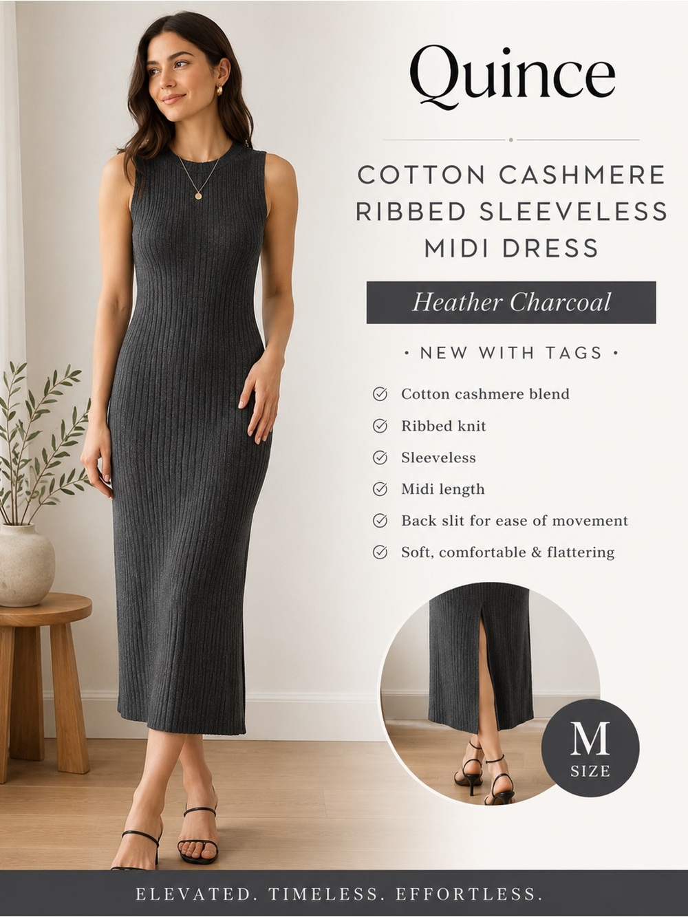 Quince Cotton Cashmere Ribbed Sleeveless Midi Dress Heather Charcoal M NWT